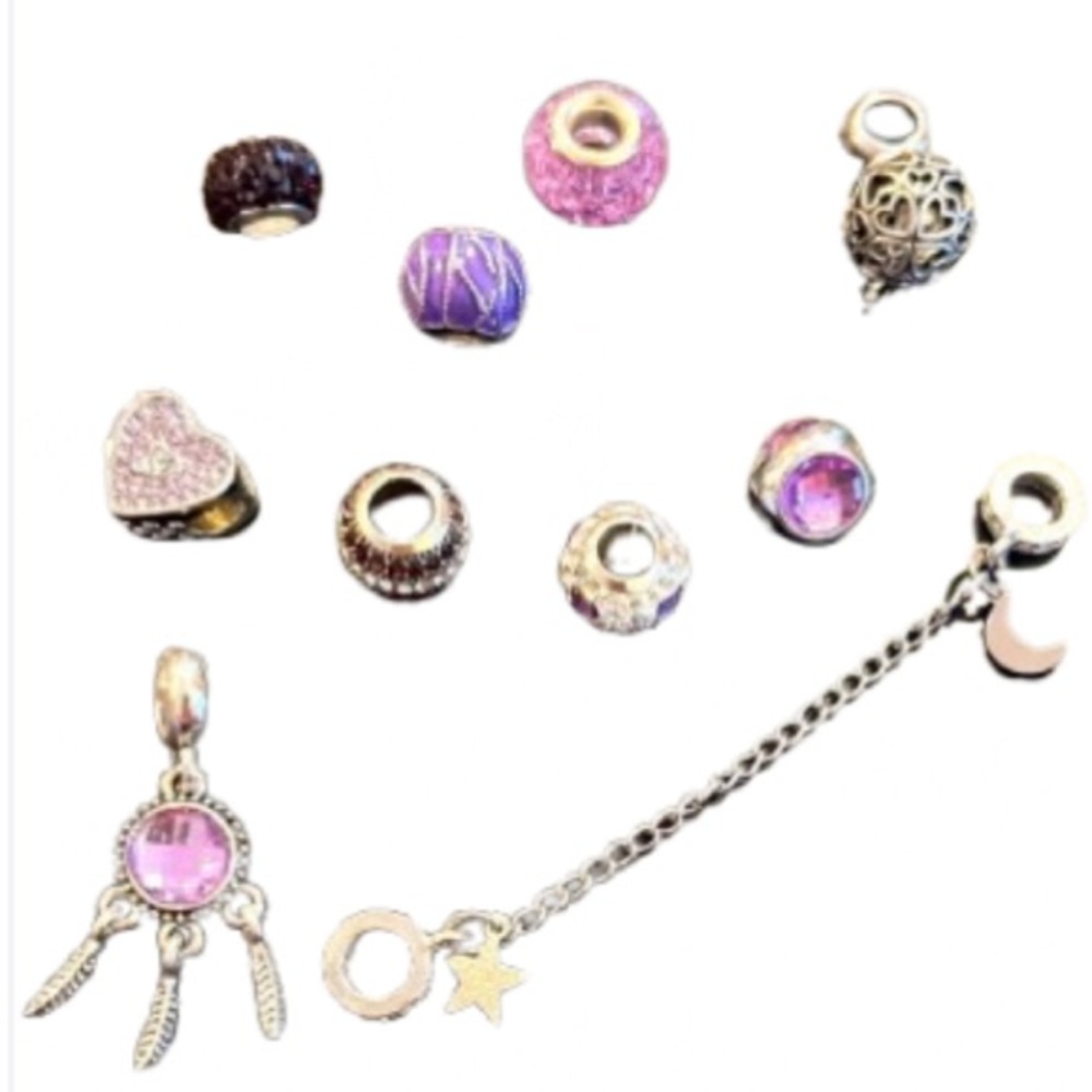 Silver & Purple Charms Lot Bundle Toggle Bracelet Set & Extender New 10 Pc